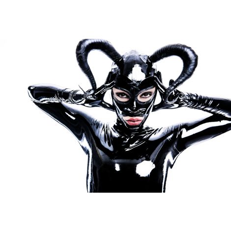 Latex Damen Maske "Demon" mit Strukturlatex Hörnern